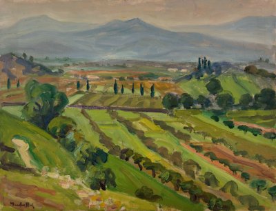 Florence Area, Green Field — Oil painting, Canvas, 50.00×65.00cm — Theodoros Markellos